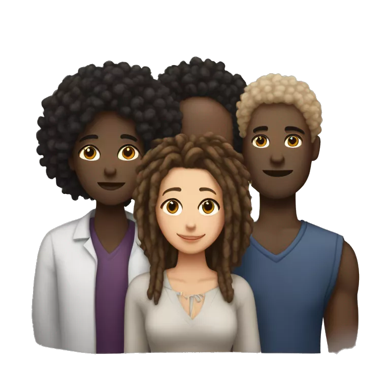 A throuple with one tall large light skinned back man with dreadlocks, a dark skinned large woman with short afro hair, and a dark skinned nonbinary with short locks, embracing each other