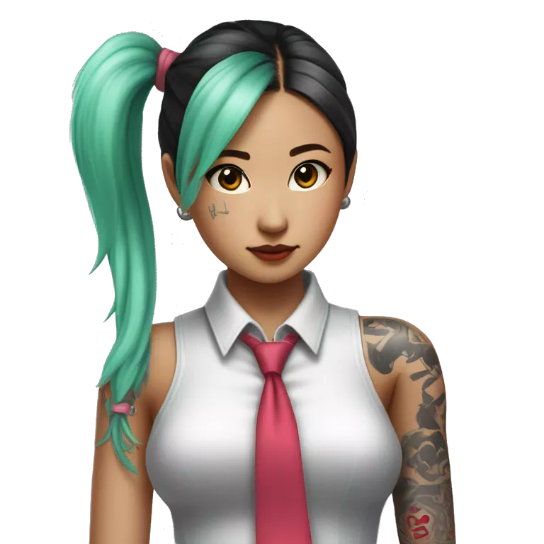 An Asian girl with long mint colored twin ponytail wearing a sleeveless silver shirt, a mint colored tie, and a black flared arm sleeve with a red 01 tattoo on her left arm has a pink square with a black border running through each ponytail