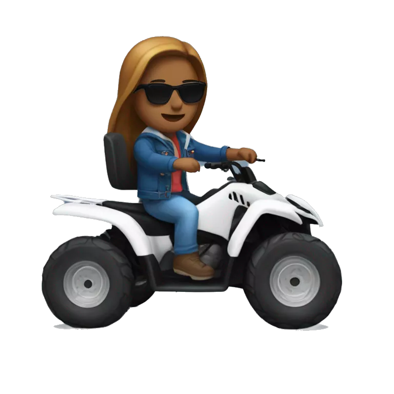 quad bike white with developer with blue jeans, bred jacket and sunglasses riding, with brown and long hair