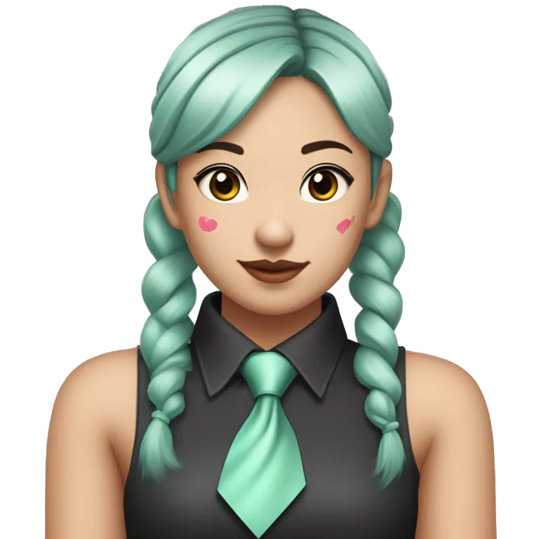 An Asian girl with long mint colored pigtails wearing a sleeveless silver shirt, a mint colored tie, and a black flared arm sleeve with a red 01 tattoo on her left arm has a pink square with a black border running through each pigtail