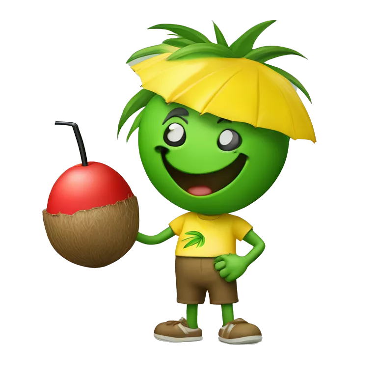 &quot;Create a fun emoji of a green coconut with a red straw on top. The coconut is wearing a yellow t-shirt and making a 'C' gesture with one hand and a 'thumbs up' with the other. The character should appear cheerful and inviting.&quot;