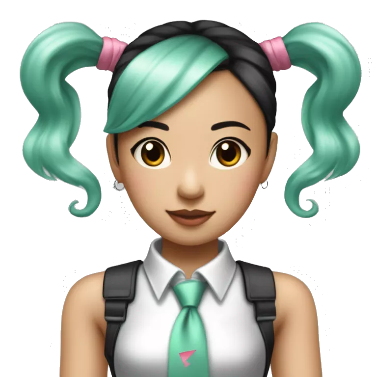 An Asian girl with long mint colored twin ponytail wearing a sleeveless silver shirt, a mint colored tie, and a black flared arm sleeve with a red 01 tattoo on her left arm has a pink square with a black border running through each ponytail