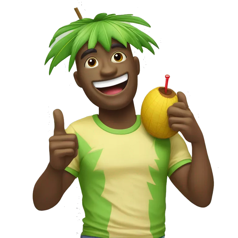 &quot;Create a fun emoji of a green coconut with a red straw on top. The coconut is wearing a yellow t-shirt and making a 'C' gesture with one hand and a 'thumbs up' with the other. The character should appear cheerful and inviting.&quot;