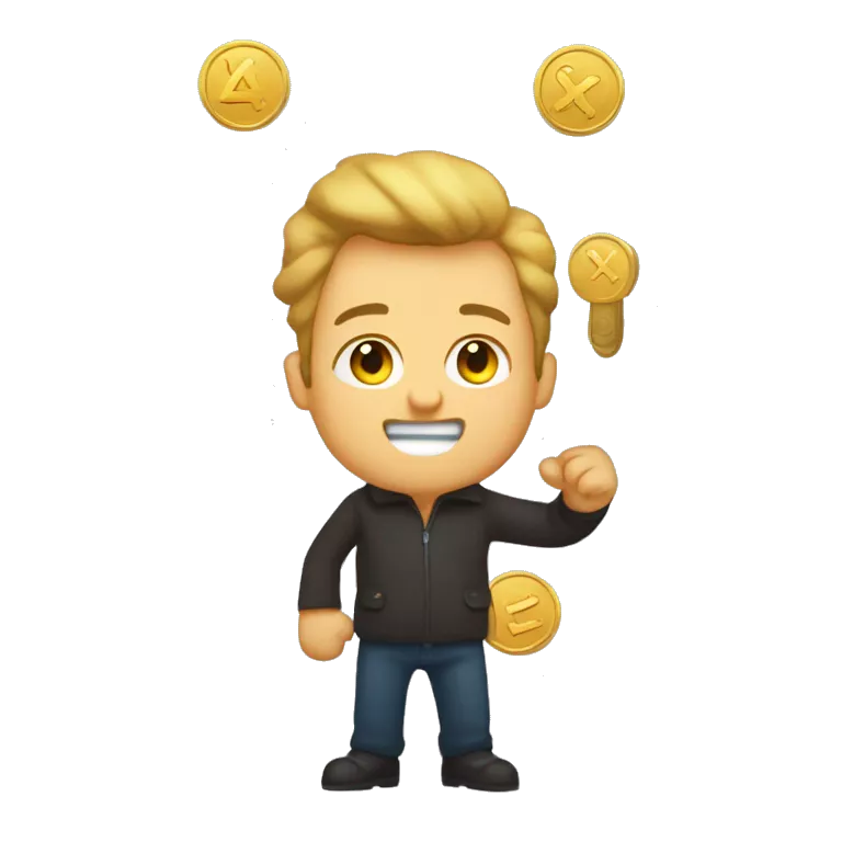 Create a emoji of elonmosk handle a golden coin  in the golden coin write X in the background write X in capital