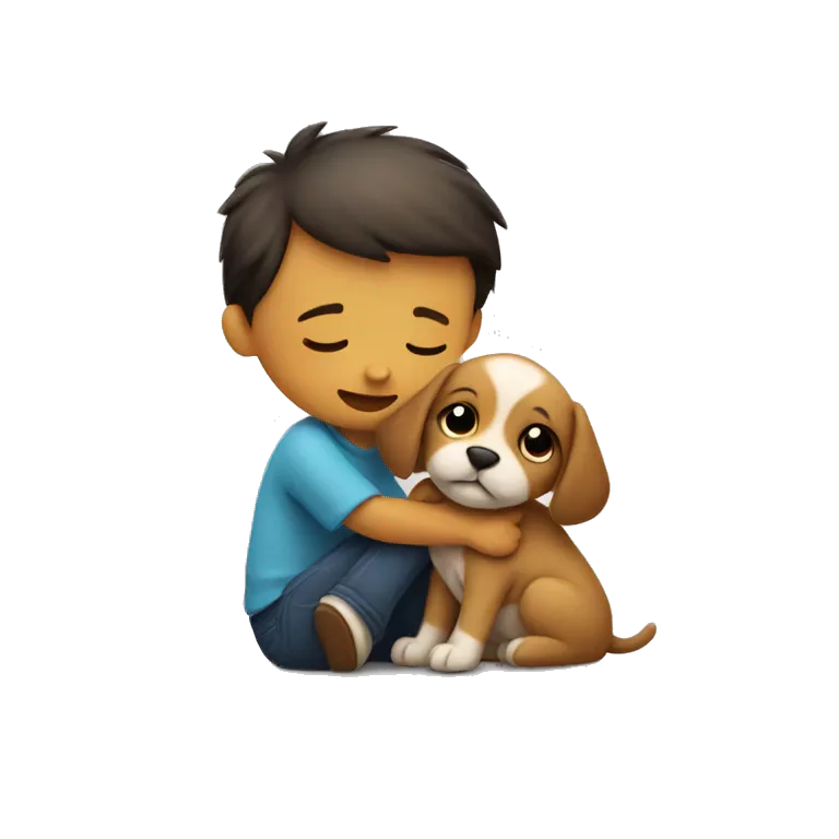 Small Puppy tightly hugs sitting boy