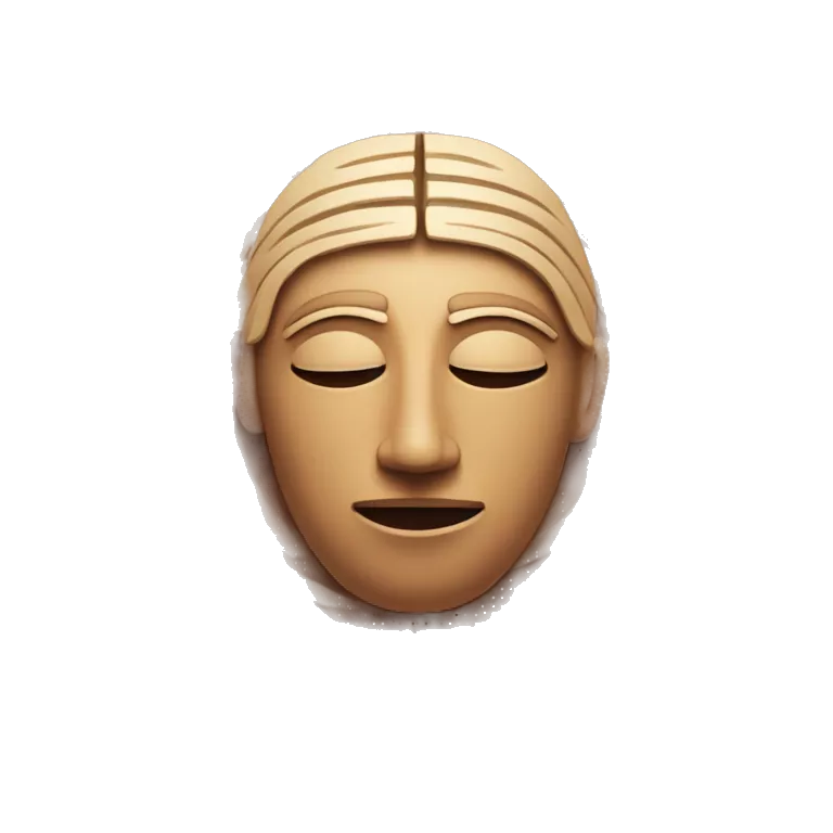 A human face based on Moche heads, with closed eyes, a soft smile, and simple geometric lines. Surrounded by spirals that symbolize knowledge. Colors in earthy tones.