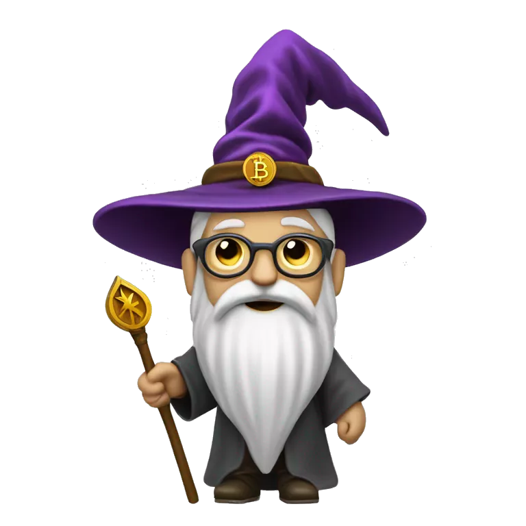 Wizard with a staff and pointed hat with a small bitcoin logo on the top of the staff