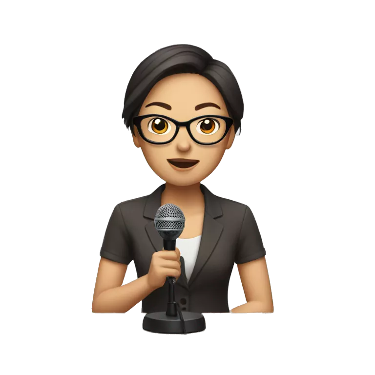 Asian woman with short brown hair wearing glasses talking into a microphone