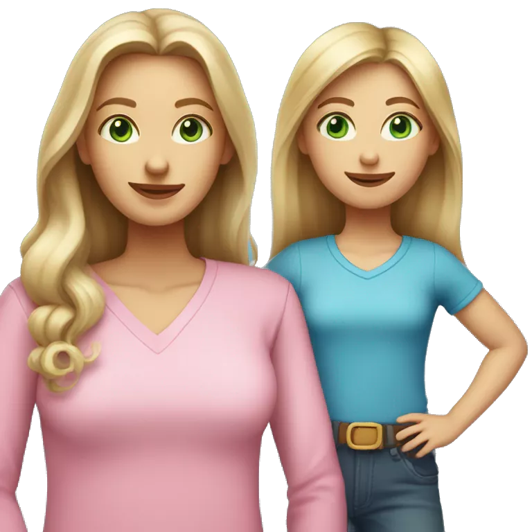 mother with long light brown and green eyes plus daughter with long dirty blonde hair and blue eyes, both with “pink shirts”