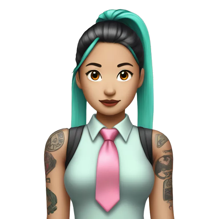 An Asian girl with long mint colored twin ponytail wearing a sleeveless silver shirt, a mint colored tie, and a black flared arm sleeve with a red 01 tattoo on her left arm has a pink square with a black border running through each ponytail