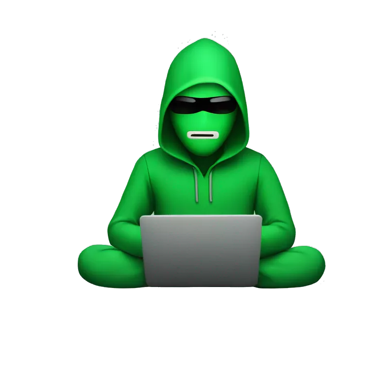 Generate a emoji of the programming hacker with a laptop that has he code in green colour and has no face and in back colour