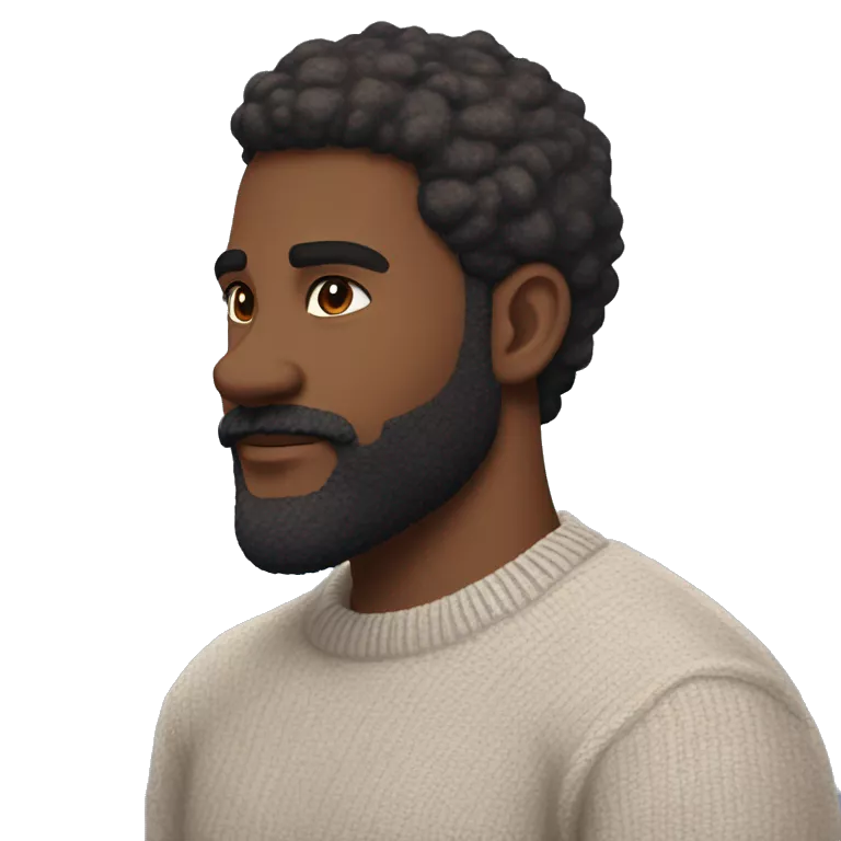 Oval face, strong jawline, thick arched eyebrows, deep-set eyes, straight nose, full lips, neatly trimmed beard, dark wavy hair, warm skin tone, soft lighting. Blue sweater, silver watch, relaxed, confident vibe.