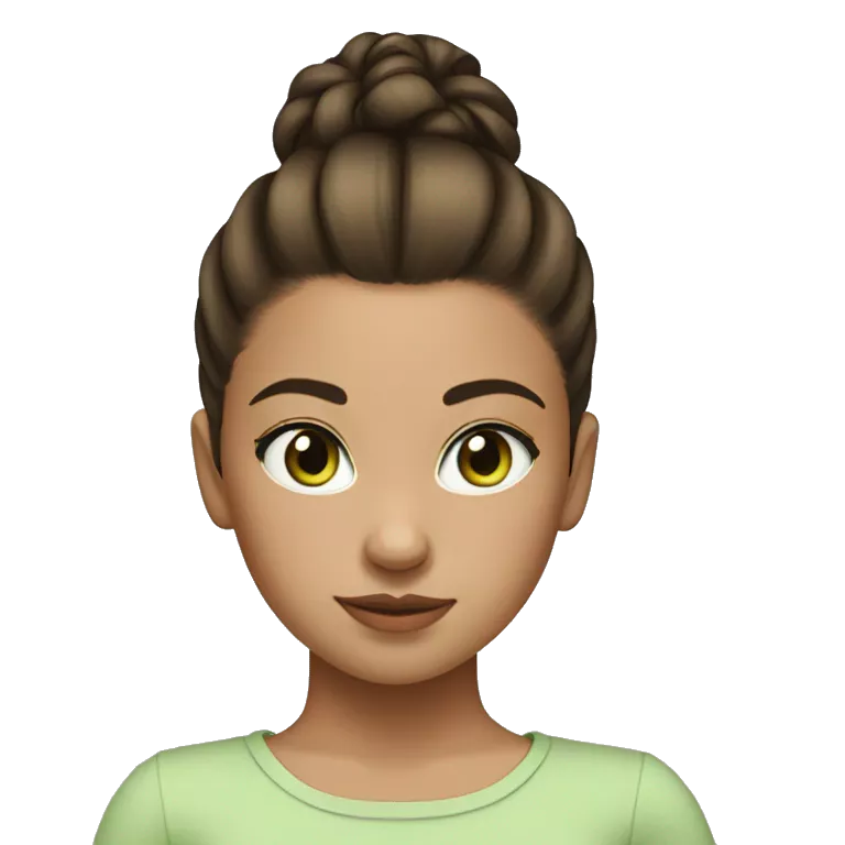 young girl with brunette hair tied up in a high bun and brunette hair, light green eyes