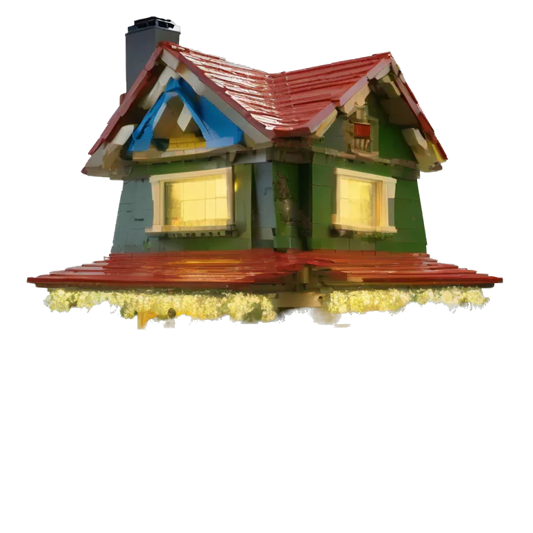 very very big Lego Cabin near a big tree.  Thick moss growing on the roofs. grass fields. porch lights turned off. bright white interior lights turned off. guests sitting in chairs on the porch, flowers and bushes are yellow and blue.