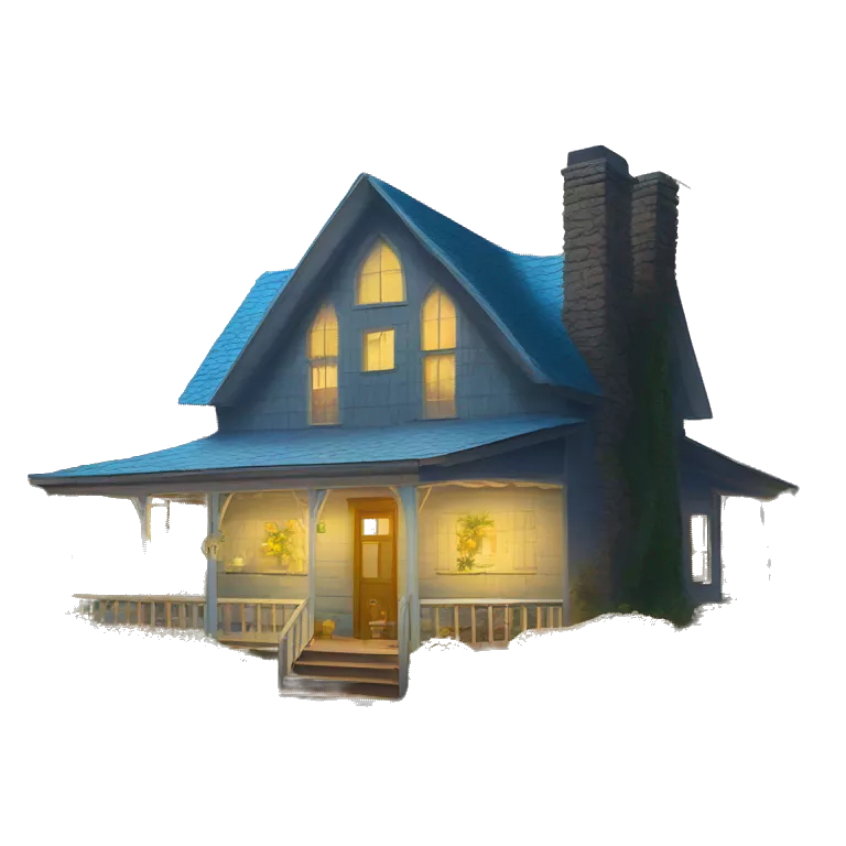very very big Cabin near a big tree.  Thick moss growing on the roofs. grass fields. porch lights turned off. bright white interior lights turned off. guests sitting in chairs on the porch, flowers and bushes are yellow and blue.