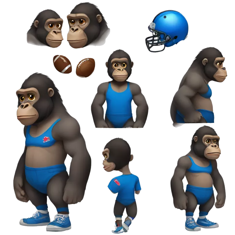 Gorilla with football clothes red t shirt blue short clothes and black shoes