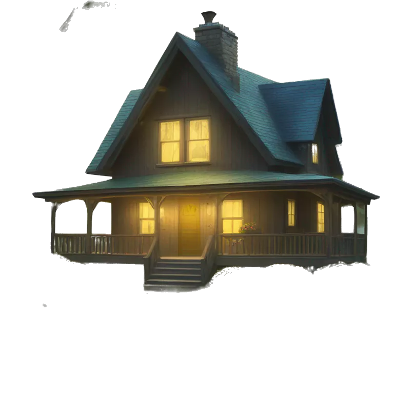 very very big Cabin near a big tree.  Thick moss growing on the roofs. grass fields. porch lights turned off. bright white interior lights turned on. guests sitting in chairs on the porch, flowers and bushes are yellow and blue.