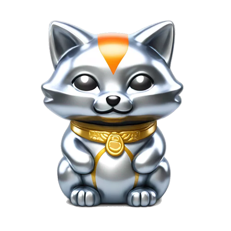 fully chrome fox statue in the form of maneki neko