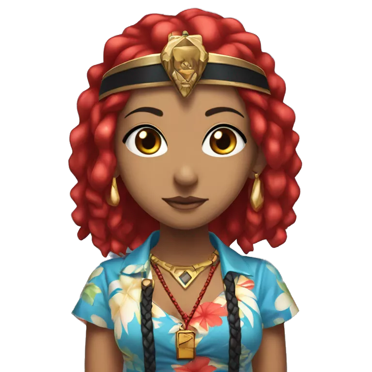 anime woman with red and black hair, wearing a blue hawaiian shirt, red eyes, wearing a cross necklace, wearing a red and black pharaoh headdress
