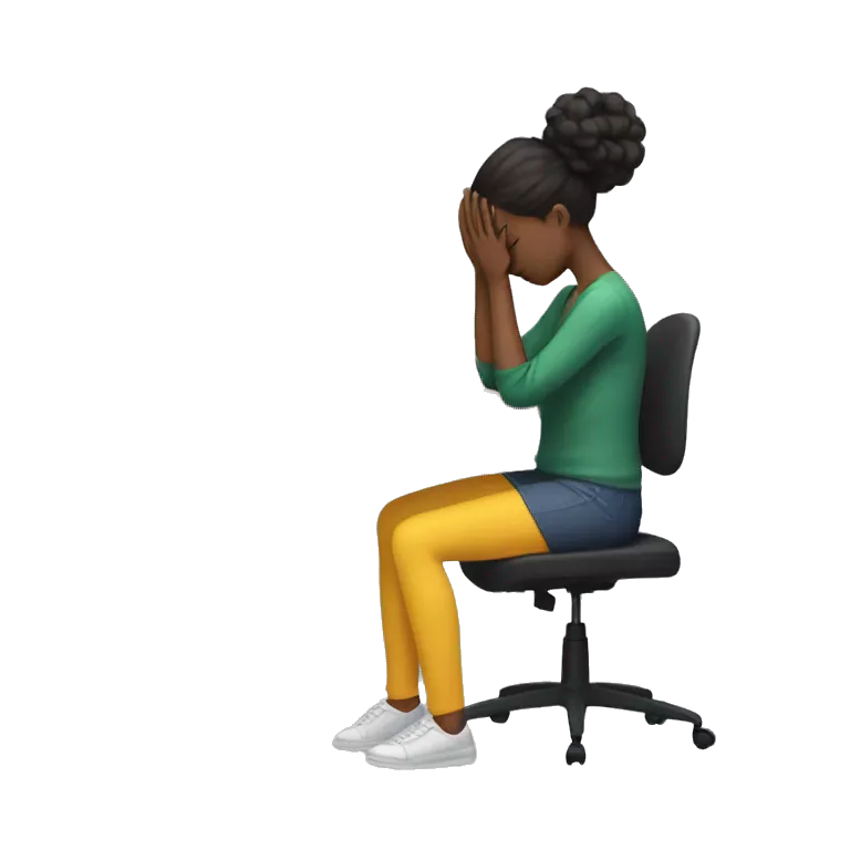 full body girl sitting at her desk with her hands on her head, she is visibly stressed with a computer in front of her. she is faceless