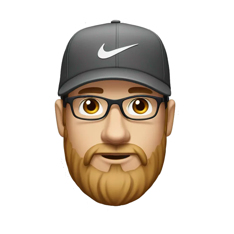 young white man, with brown hair, with almond-shaped eyes, with big nose and 3-day beard. Wearing nike cap and glasses.