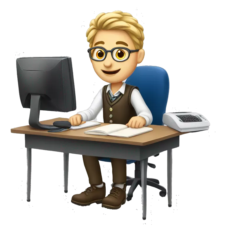 European schoolboy sitting at desk,  computer on desk