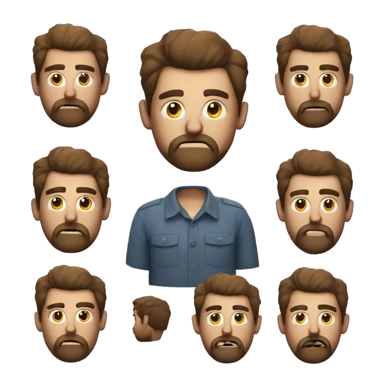 an unhappy man with a beard and messy short brown hair, wearing a buttoned shirt