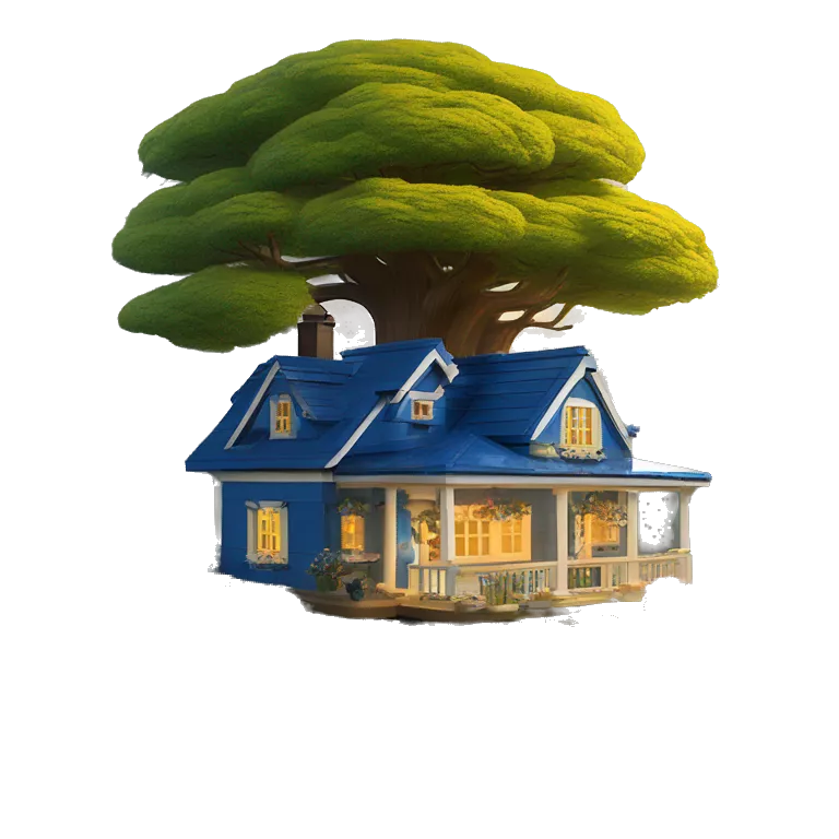 very very big Lego Cabin near a big tree.  Thick moss growing on the roofs. grass fields. porch lights turned off. bright white interior lights turned off. guests sitting in chairs on the porch, flowers and bushes are yellow and blue.