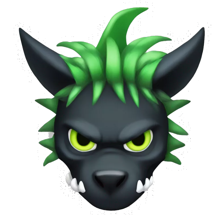 Digimon-Fakémon, horns, black body, green mane, anthro, furry, shark, black skull face, black skull mask, green stripes, tufted tail,