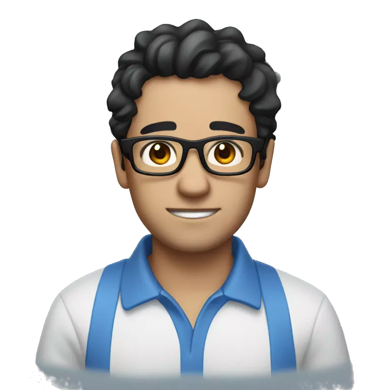 Emoji of a man with glasses, with messy black hair and no beard, very white skin and a thick build, wearing a blue polo shirt