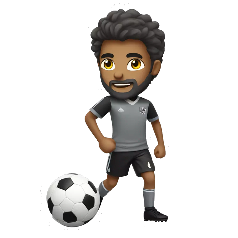 boy in gray soccer uniform and black shorts with gray beard  and hair kicking a soccer ball