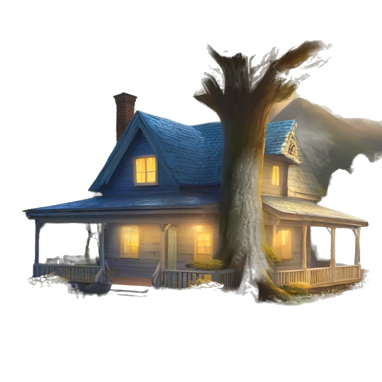 very very big Cabin near a big tree.  Thick moss growing on the roofs. grass fields. porch lights turned off. bright white interior lights turned off. guests sitting in chairs on the porch, flowers and bushes are yellow and blue.