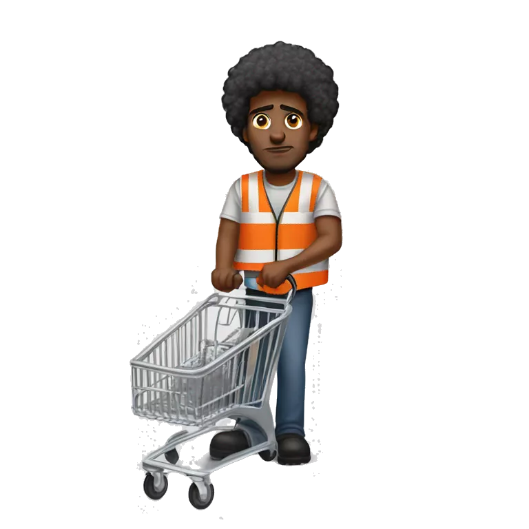 sad Black Male with Small Afro from Home Depot wearing orange pro loader vest pushing orange home depot carts