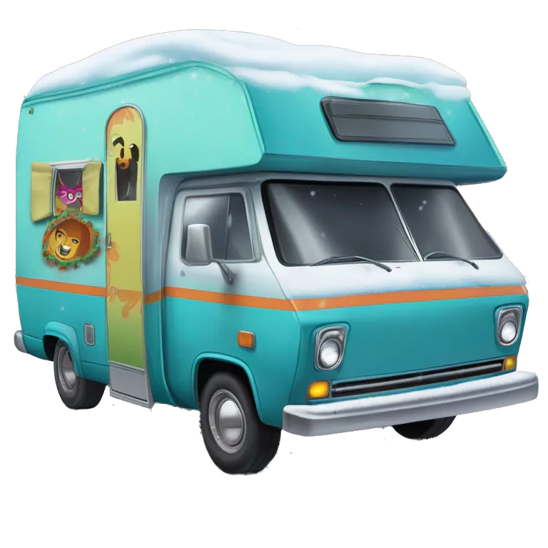 very expensive but haunted horror dream rv camper for Scooby Doo and the kids in the gang and Barbie while it’s cold and snowing hard outside. Spare Tire with cover attached to front of the vehicle like the Scooby van’s
