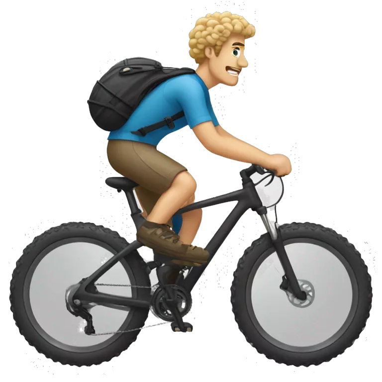 a white guy with curly blonde that is biking on a mountain bike
