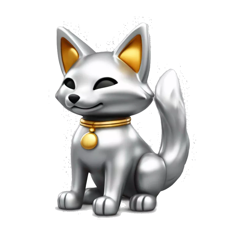 Fully chromed Maneki Neko-style fox statue in iOS emoji style, with smooth, rounded edges, reflective surface with soft light reflections. Minimalist features like the tail, raised paw, and coin. Plain white background to emphasize the chrome texture.