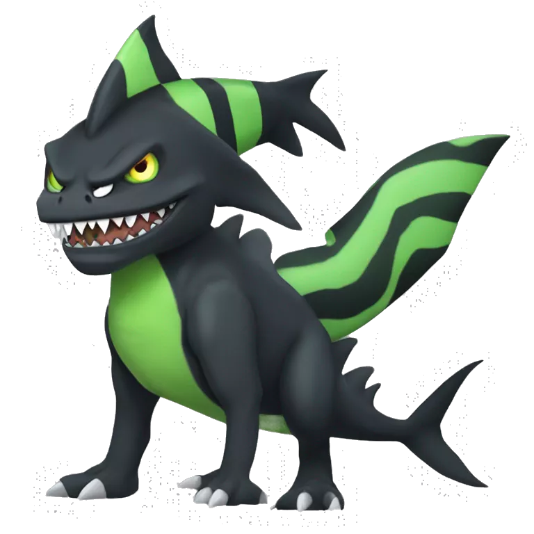 Digimon-Fakémon, horns, black body, green mane, anthro, furry, shark, black skull face, black skull mask, green stripes, tufted tail, full body, shark, creature, vernid,