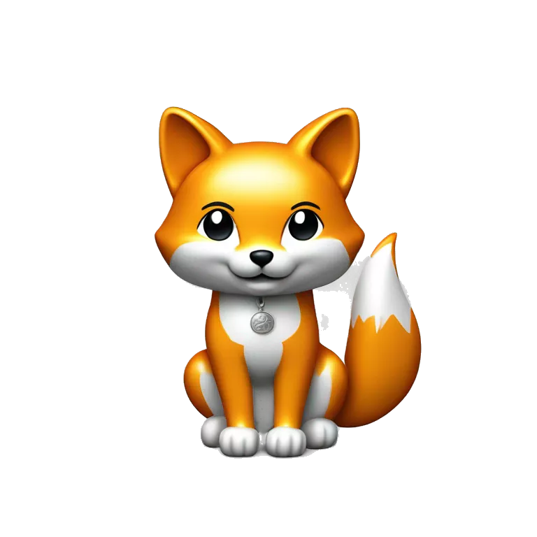 Fully chromed Maneki Neko-style fox statue in iOS emoji style, with smooth, rounded edges, reflective surface with soft light reflections. Minimalist features like the tail, raised paw, and coin. Plain white background to emphasize the chrome texture.