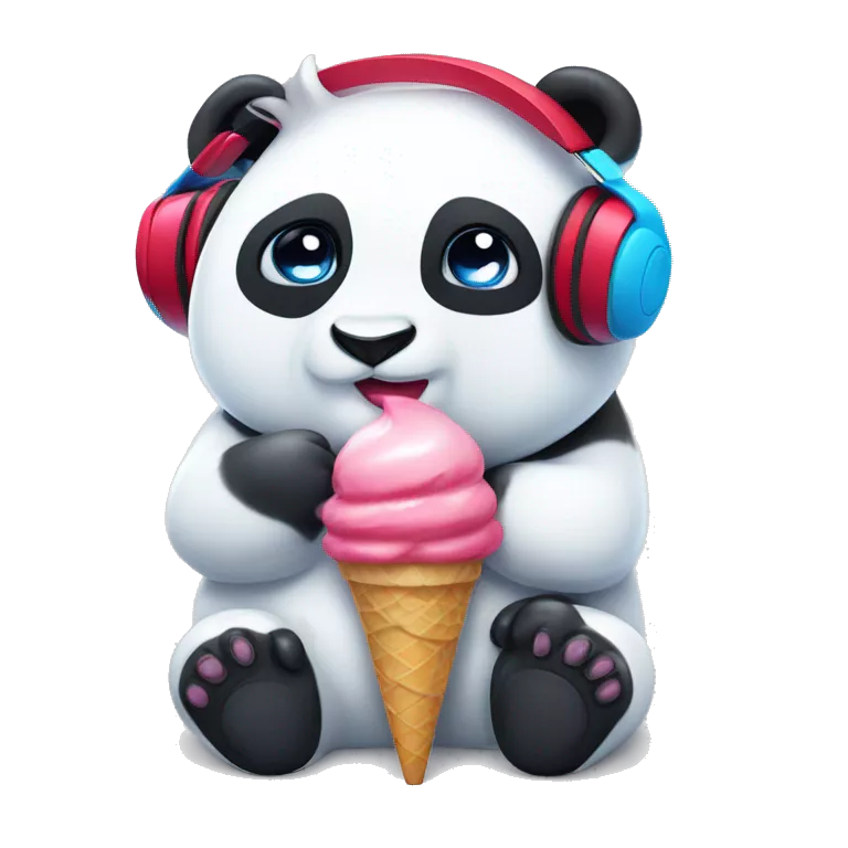 white panda, with red ears, with red, blue, pink headphones, with one button eye, and an ice cream splater on the headphones.