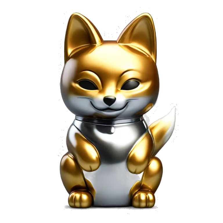 fully chrome fox statue in the form of maneki neko