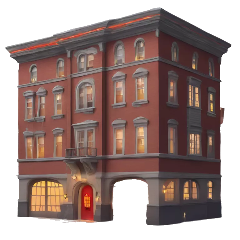Apartment building shaped like the Ghost Busters Firehouse with solar lights and decorative and detailed interior design
