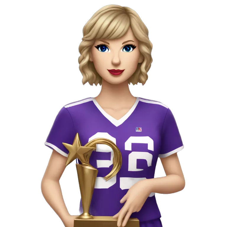 Taylor Swift wearing purple basketball uniform holding trophy with SWIFTYS name on uniform