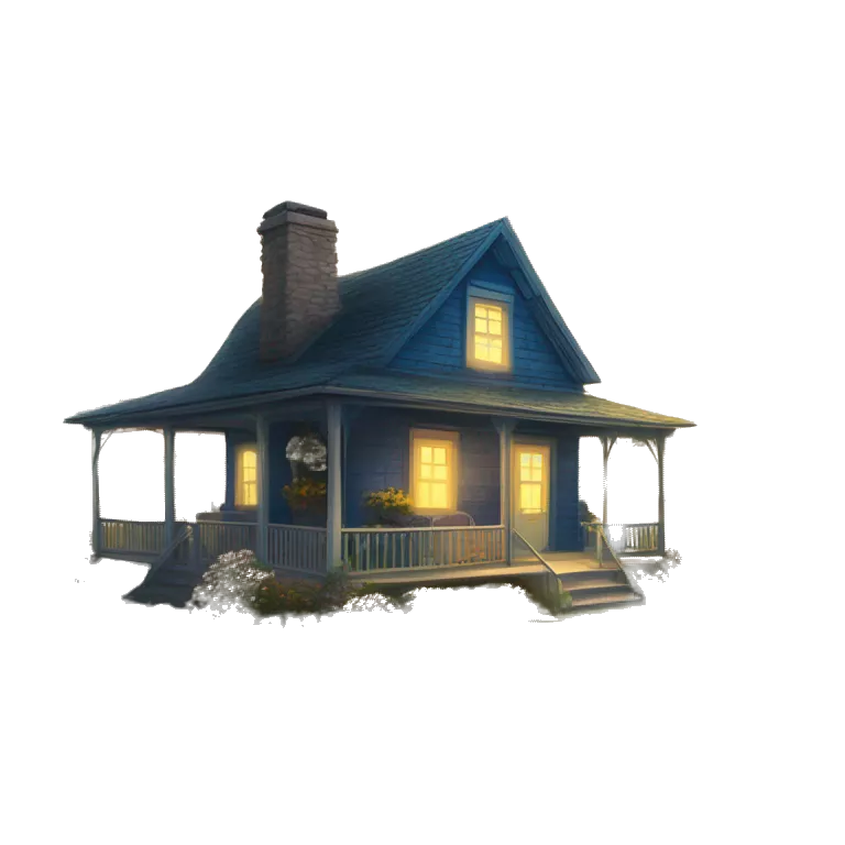very very big Cabin near a big tree.  Thick moss growing on the roofs. grass fields. porch lights turned off. bright white interior lights turned on. guests sitting in chairs on the porch, flowers and bushes are yellow and blue.