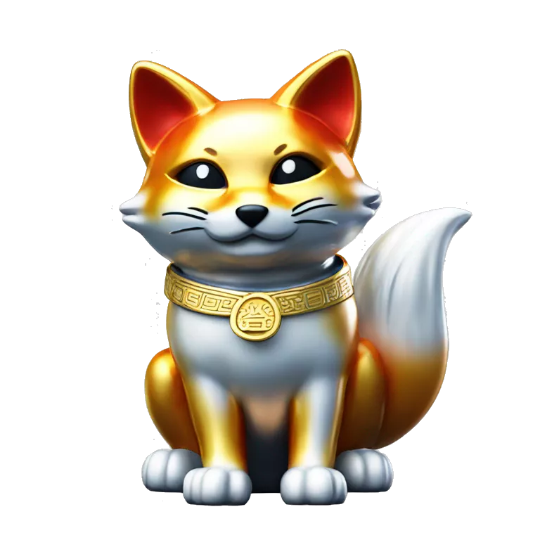 fully chrome fox statue in the form of maneki neko
