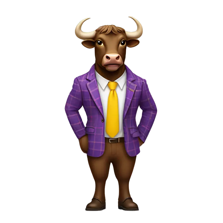 Brown bull with horns standing up wearing purple plaid suit with yellow tie wearing brown shoes