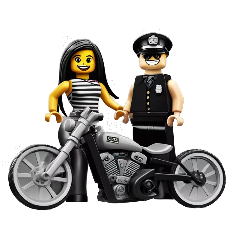 Lego, Jeffery New York Evening Gown Barbie, Wednesday Addams from academy, in vertically-striped dark-gray and black London police officer’s uniform with hat. Leaning back at the hips, riding a wheelie on a hot rod bike smiling