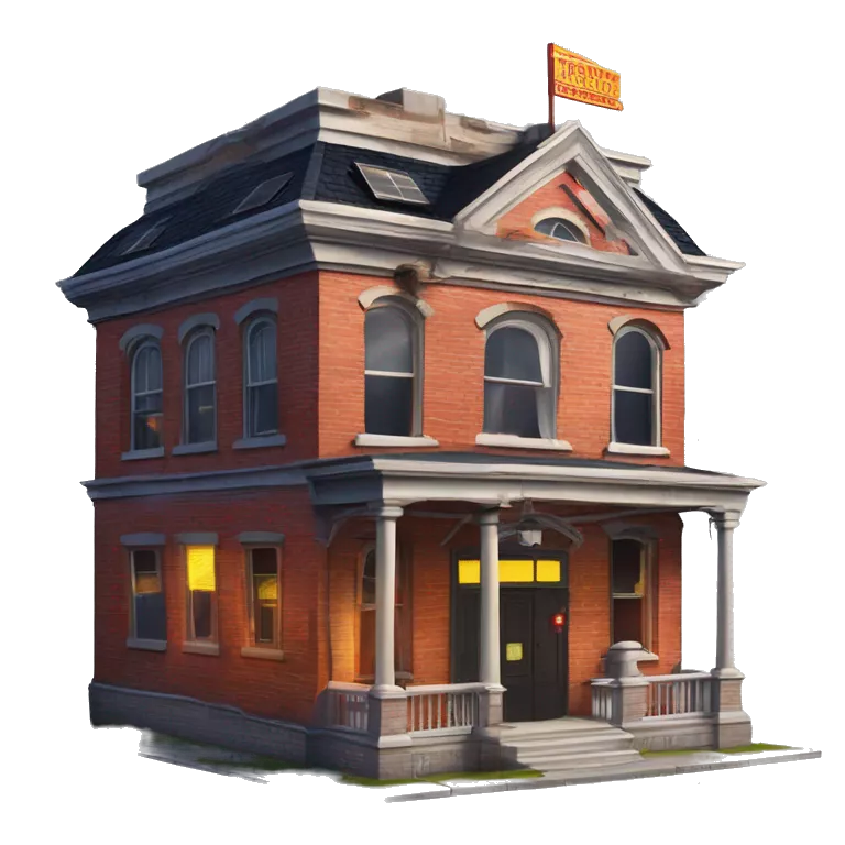 Very old dilapidated Firehouse building shaped like the Ghost Busters Firehouse with solar lights and decorative and detailed interior design with police tape to close it off
