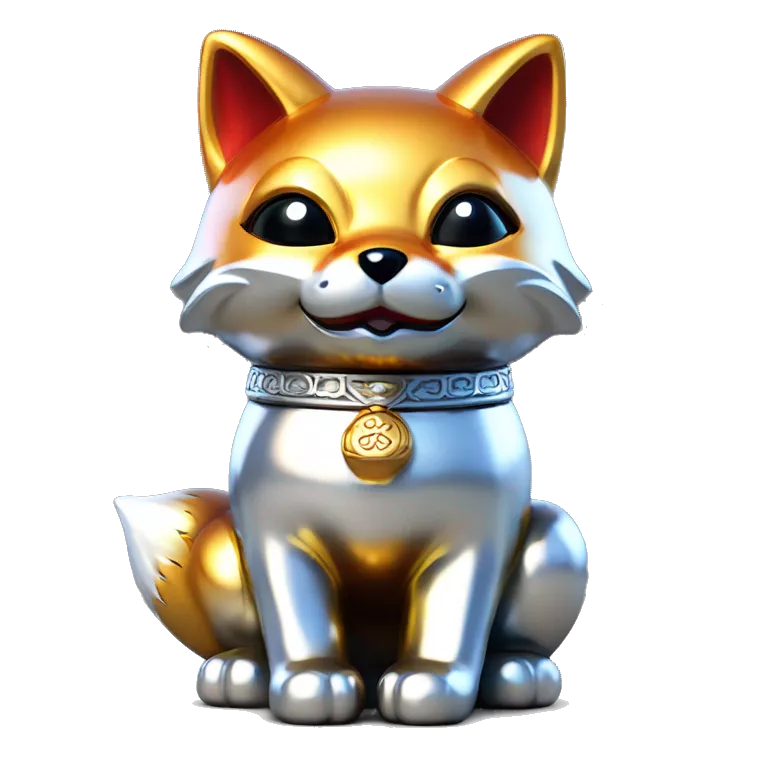 fully chrome fox statue in the form of maneki neko