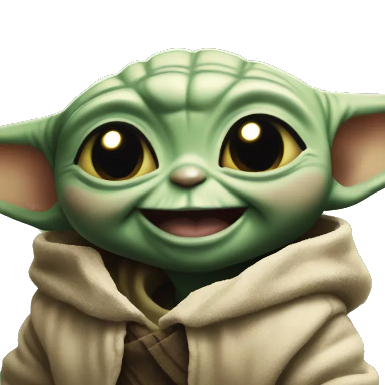 Baby Yoda smiles with a giant smile. Teeth visible