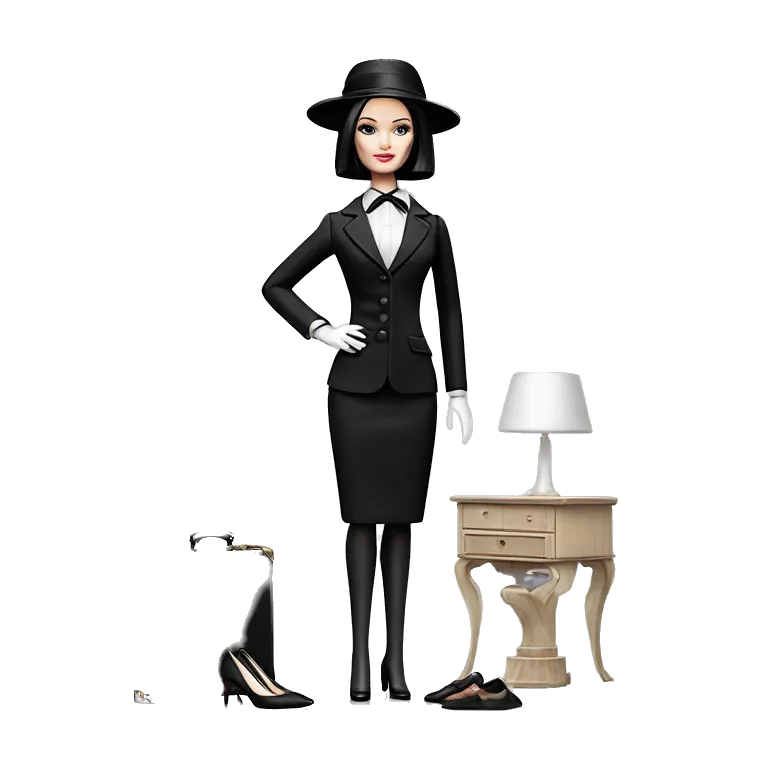 Afternoon Suit Barbie. Wednesday Addams at home. stilettos, gloves, picture hat, Very Pale-white porcelain skin.